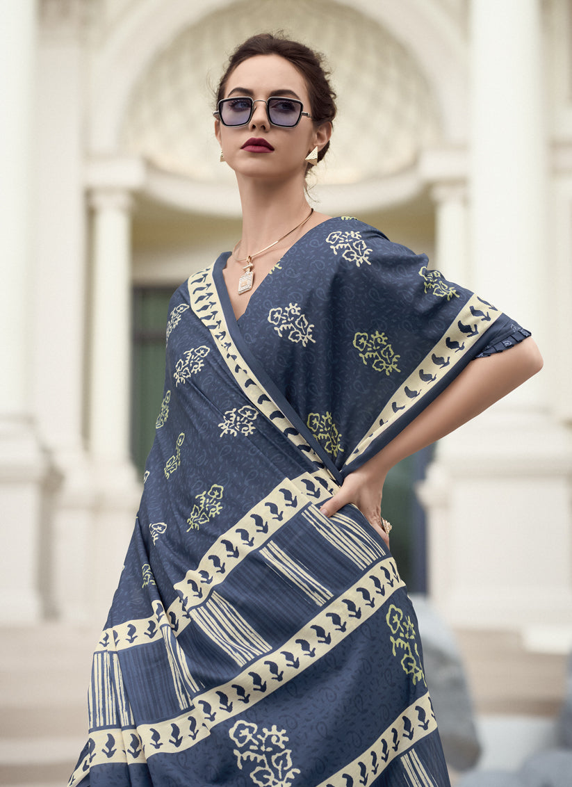 Slate Grey Pure Mal Mal Silk Digital Print Saree