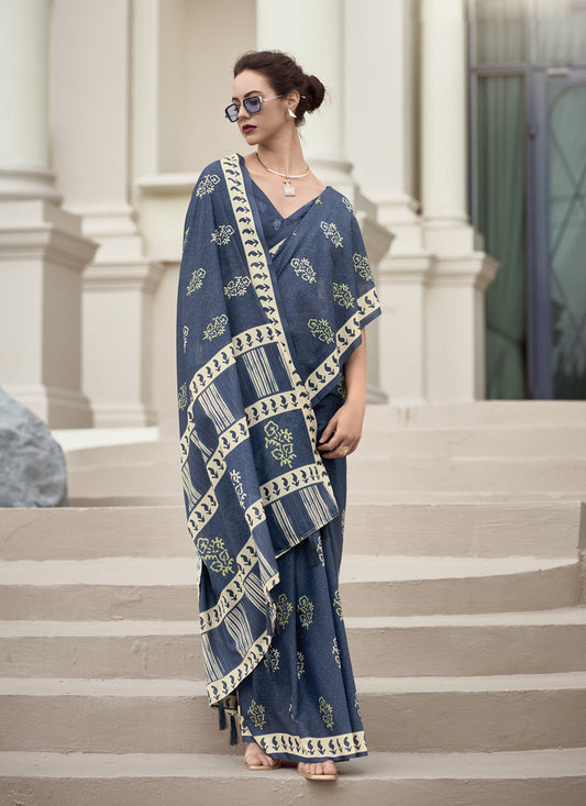 Slate Grey Pure Mal Mal Silk Digital Print Saree