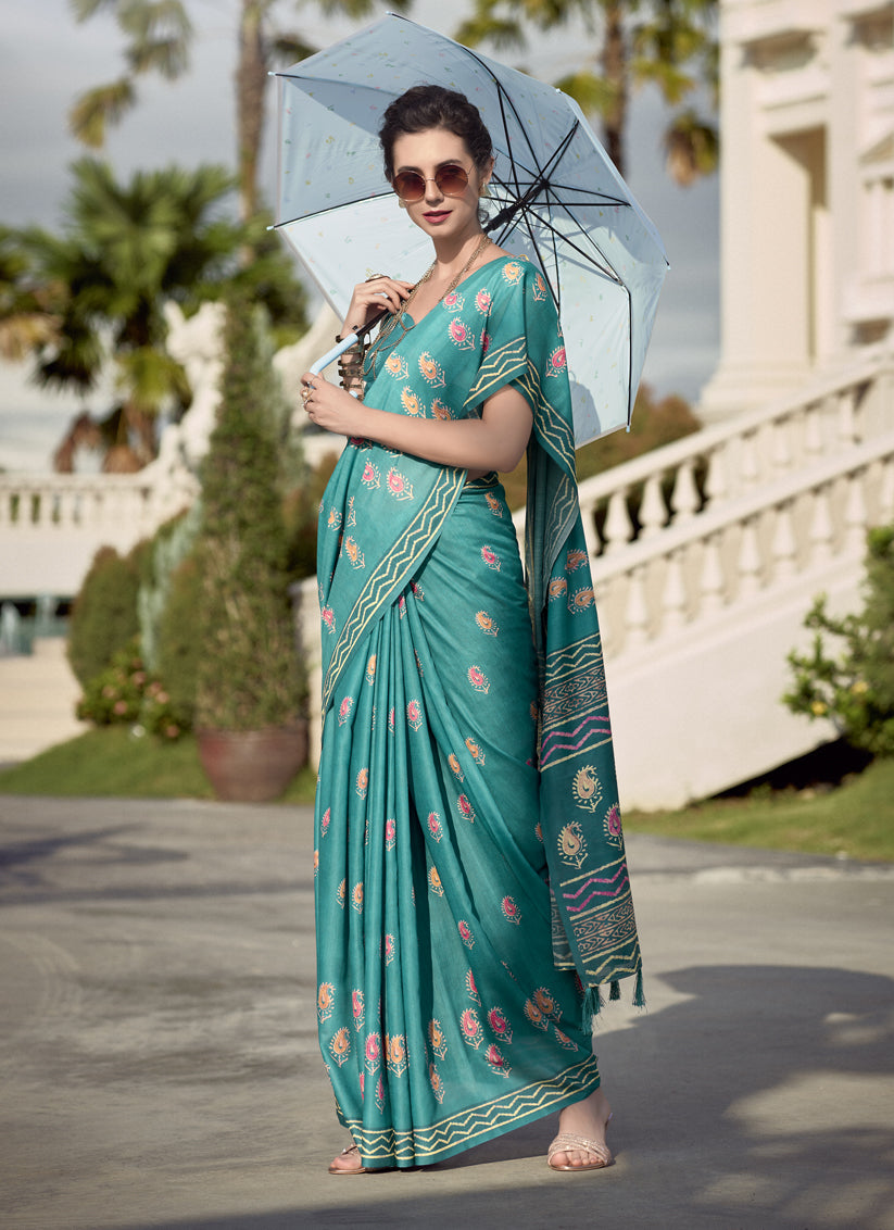 Rama Green Pure Mal Mal Silk Digital Print Saree