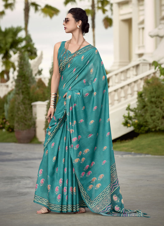 Rama Green Pure Mal Mal Silk Digital Print Saree