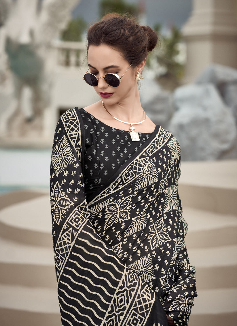 Black Pure Mal Mal Silk Digital Print Saree1