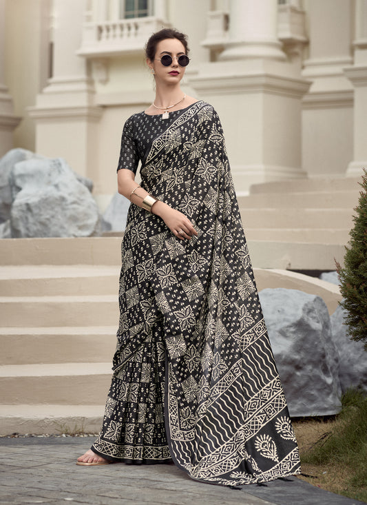 Black Pure Mal Mal Silk Digital Print Saree1