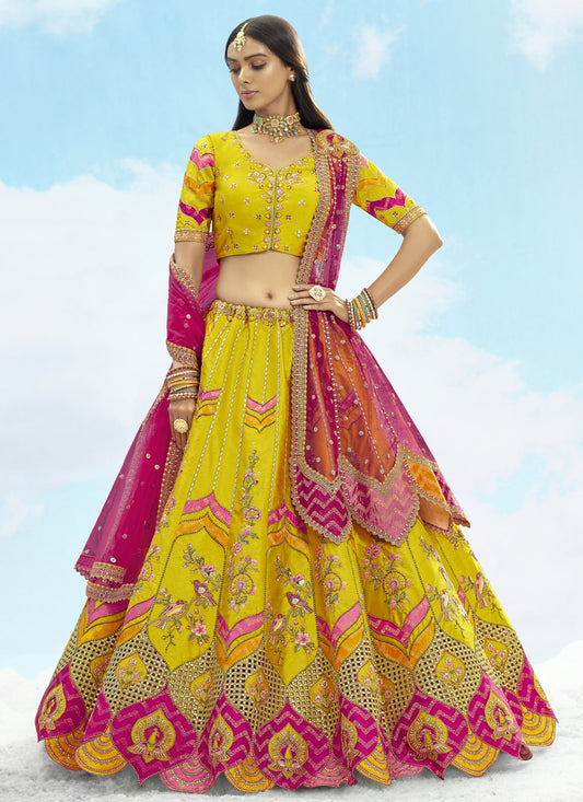 Lime Yellow Silk Embroidered Designer Wedding Lehenga Choli Set