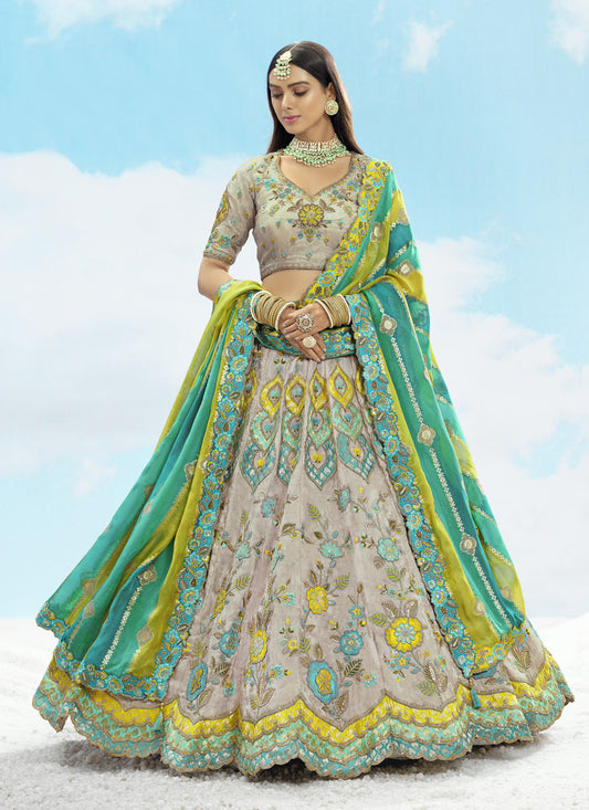 Ash Grey Silk Embroidered Designer Wedding Lehenga Choli Set