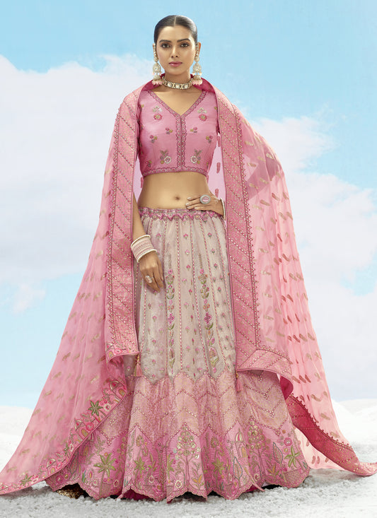Ash Grey and Rose Pink Silk Embroidered Designer Wedding Lehenga Choli Set