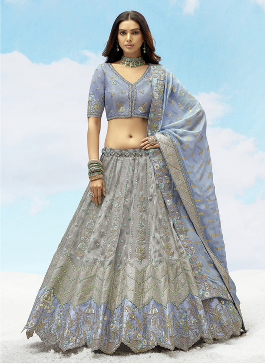 Silver Grey Silk Embroidered Designer Wedding Lehenga Choli Set