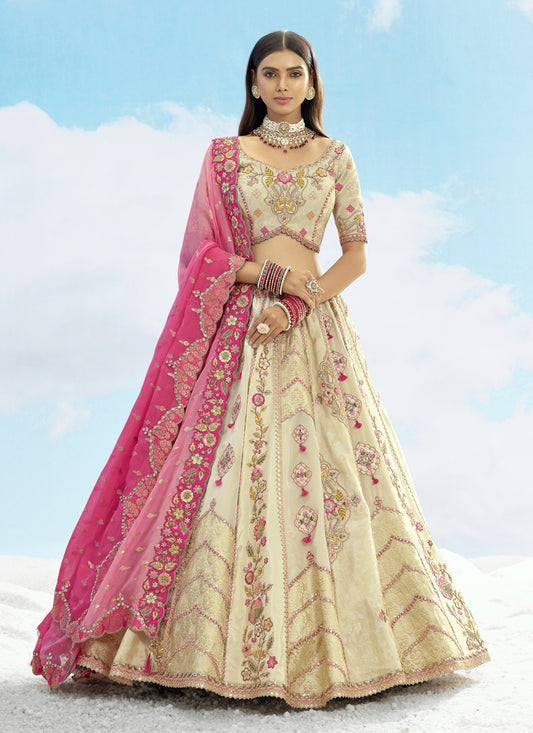 Cream Silk Embroidered Designer Wedding Lehenga Choli Set