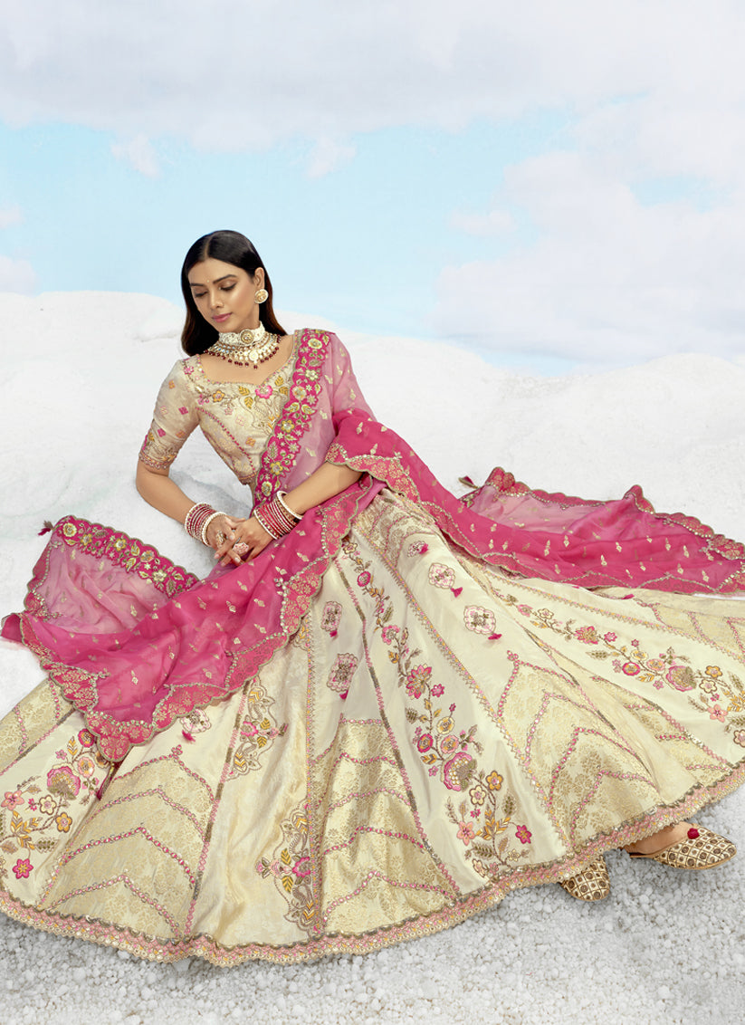 Cream Silk Embroidered Designer Wedding Lehenga Choli Set