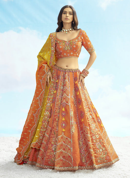 Tangy Orange Silk Embroidered Designer Wedding Lehenga Choli Set
