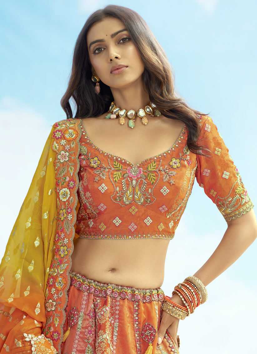 Tangy Orange Silk Embroidered Designer Wedding Lehenga Choli Set
