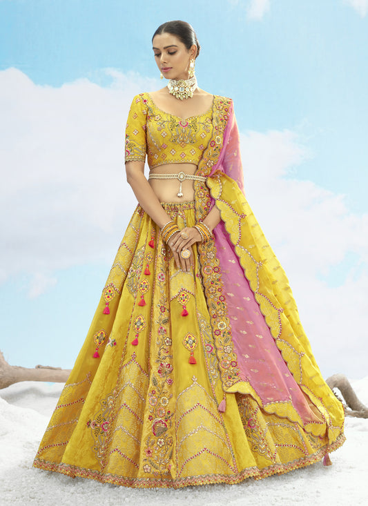 Lemon Yellow Silk Embroidered Designer Wedding Lehenga Choli Set