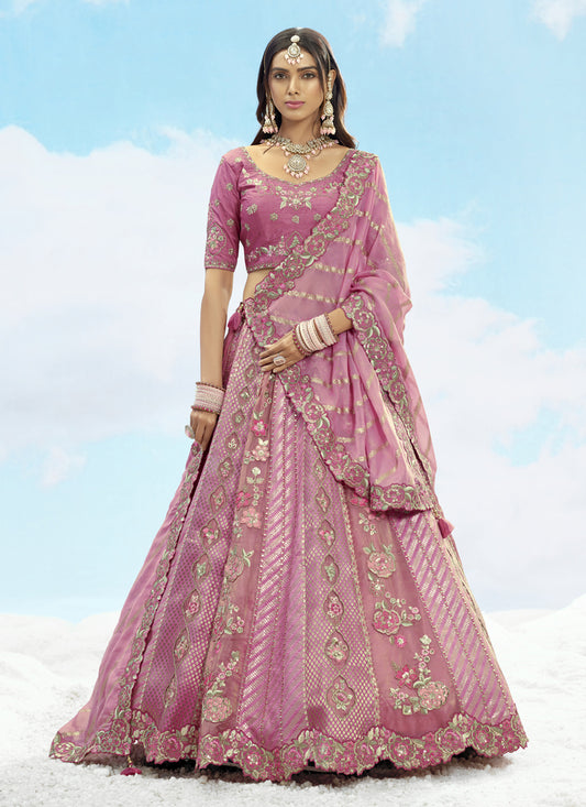 Puce Pink Silk Embroidered Designer Wedding Lehenga Choli Set
