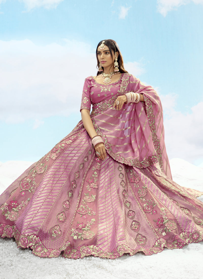 Puce Pink Silk Embroidered Designer Wedding Lehenga Choli Set