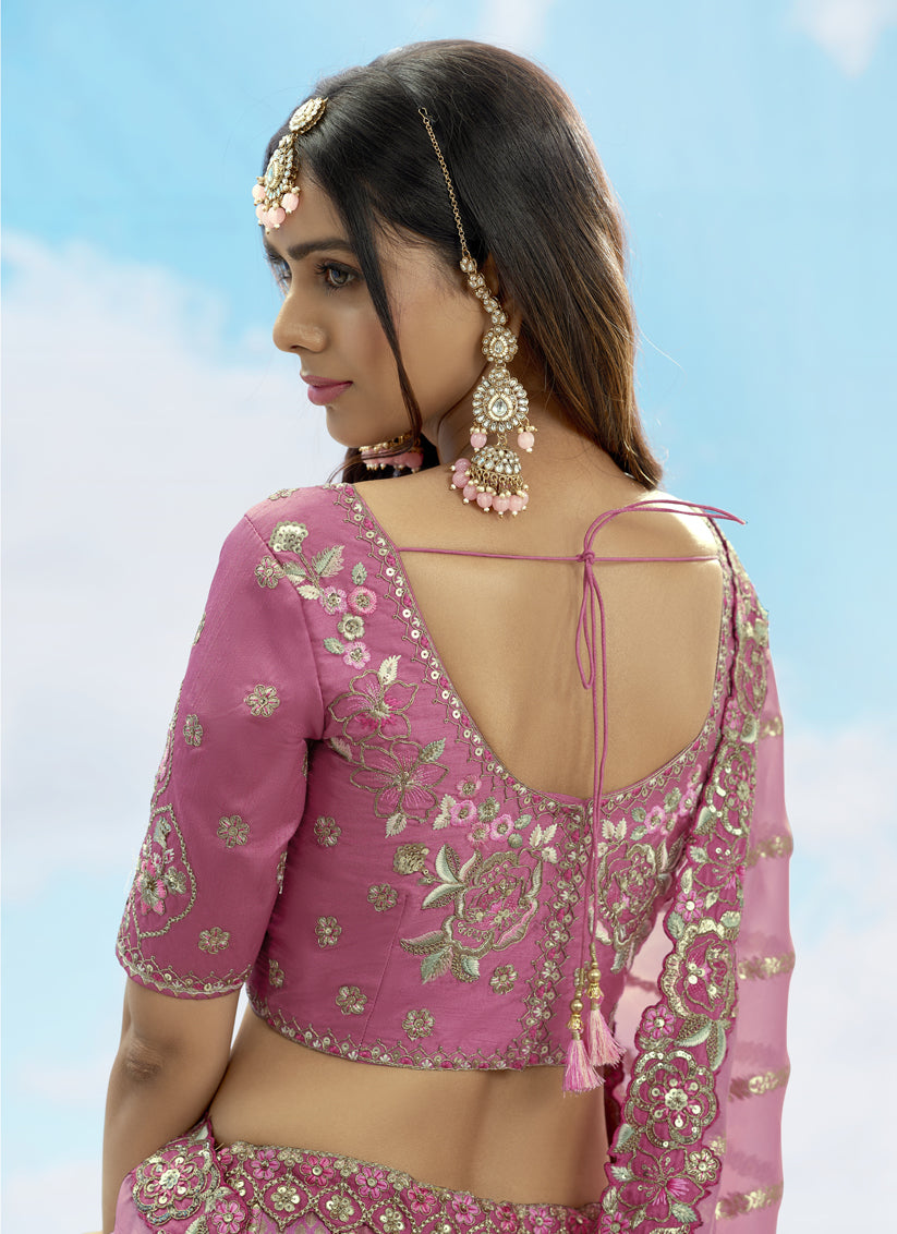 Puce Pink Silk Embroidered Designer Wedding Lehenga Choli Set