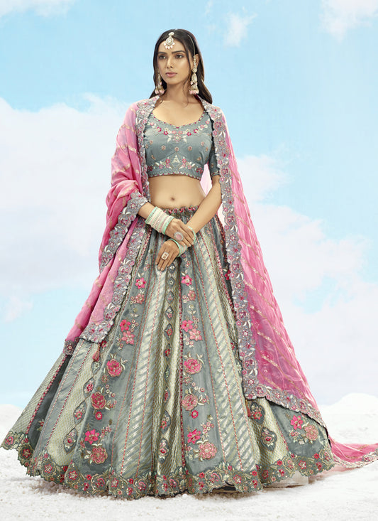 Grey Silk Embroidered Designer Wedding Lehenga Choli Set