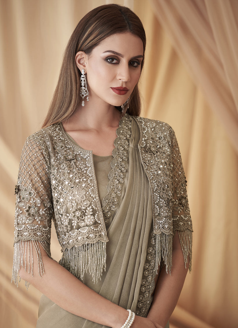 Dusty Beige Satin Georgette Embroidered Saree with Jacket Blouse