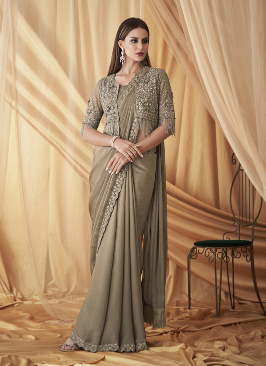 Dusty Beige Satin Georgette Embroidered Saree with Jacket Blouse