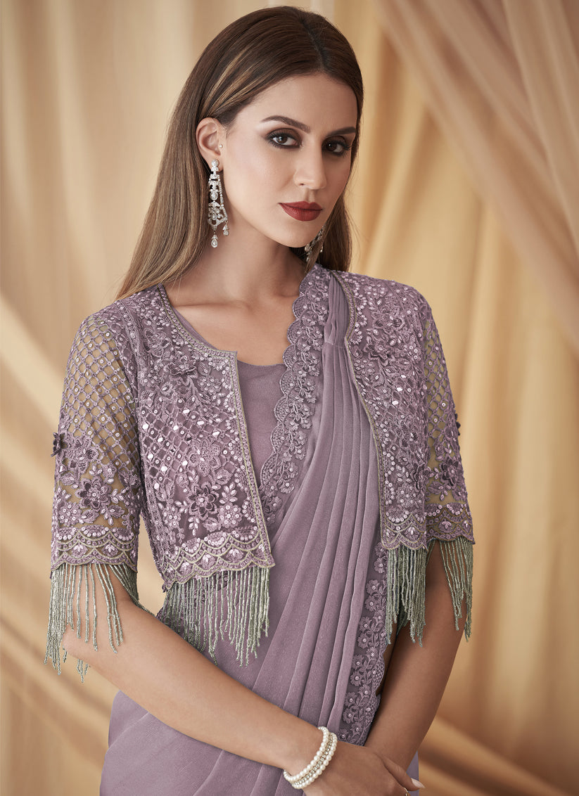 Mauve Satin Georgette Embroidered Saree with Jacket Blouse