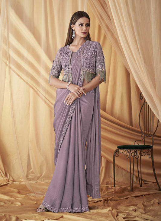 Mauve Satin Georgette Embroidered Saree with Jacket Blouse