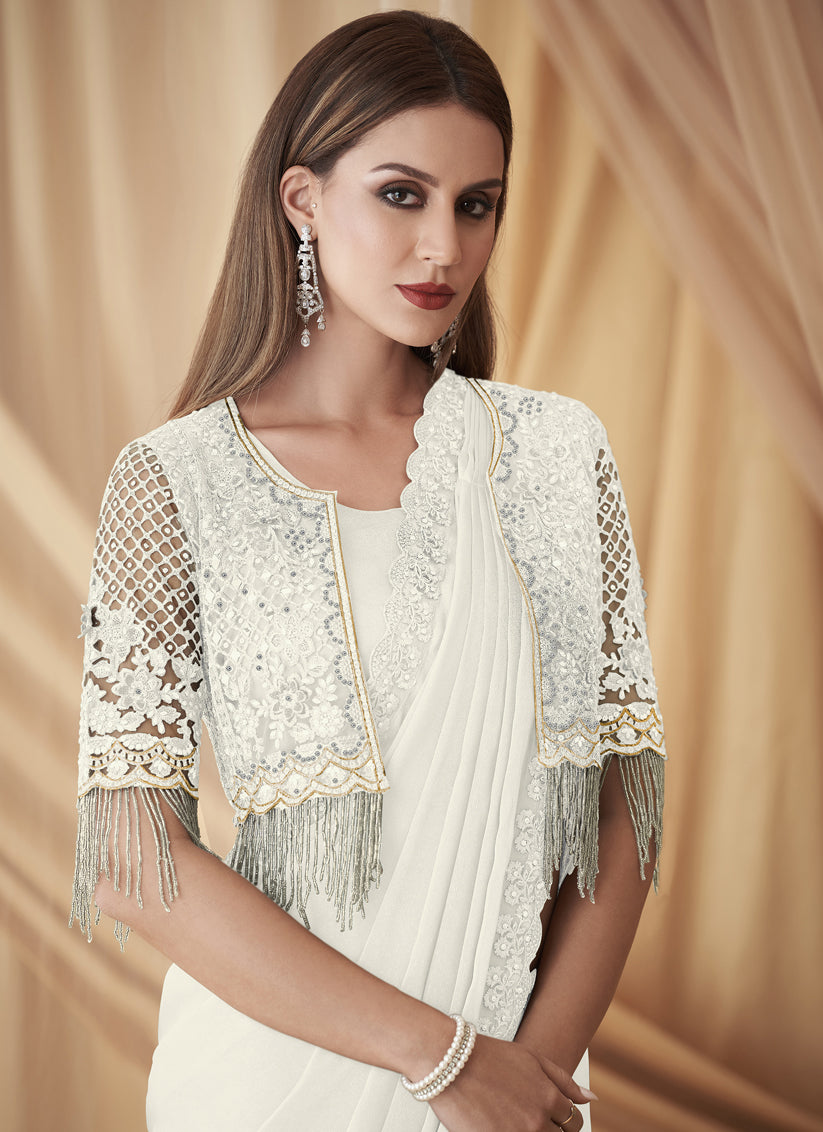 White Satin Georgette Embroidered Saree with Jacket Blouse