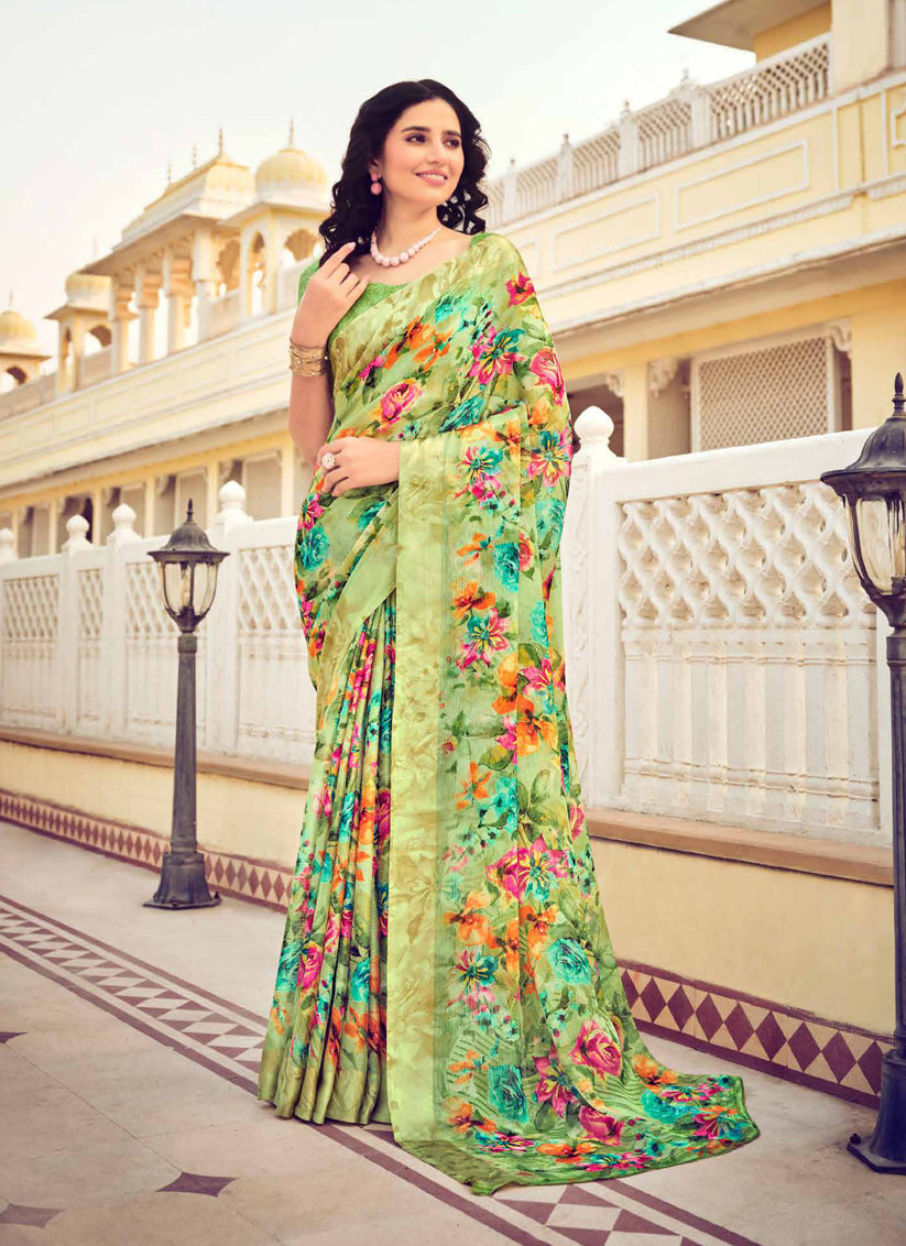 Pistachio Green Digital Print Chiffon Saree