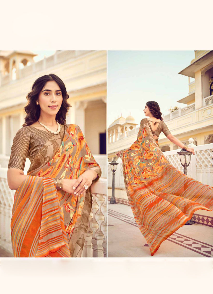 Dusty Beige Digital Print Chiffon Saree