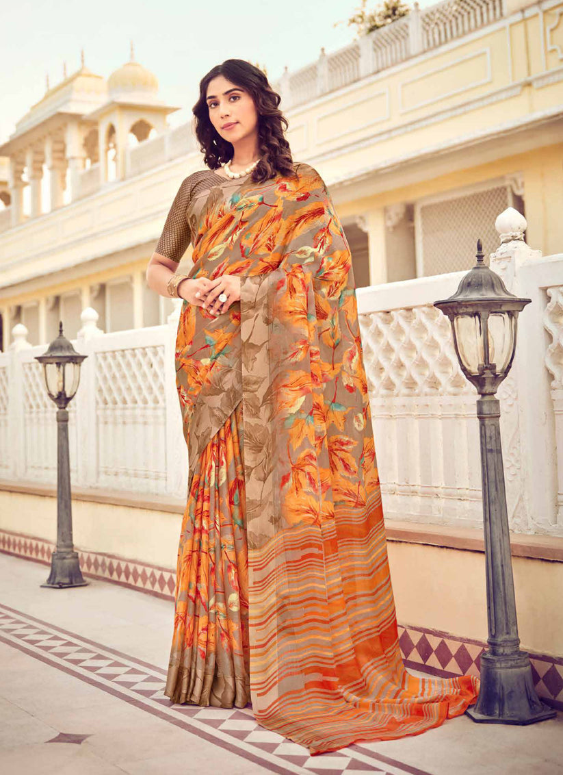 Dusty Beige Digital Print Chiffon Saree