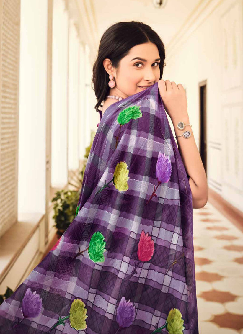 Amethyst Purple Digital Print Chiffon Saree