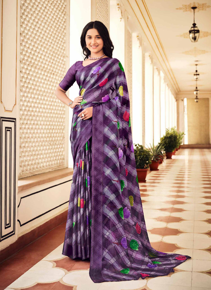 Amethyst Purple Digital Print Chiffon Saree