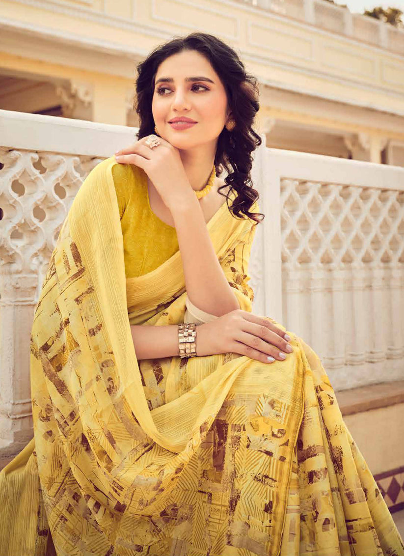 Pastel Yellow Digital Print Chiffon Saree