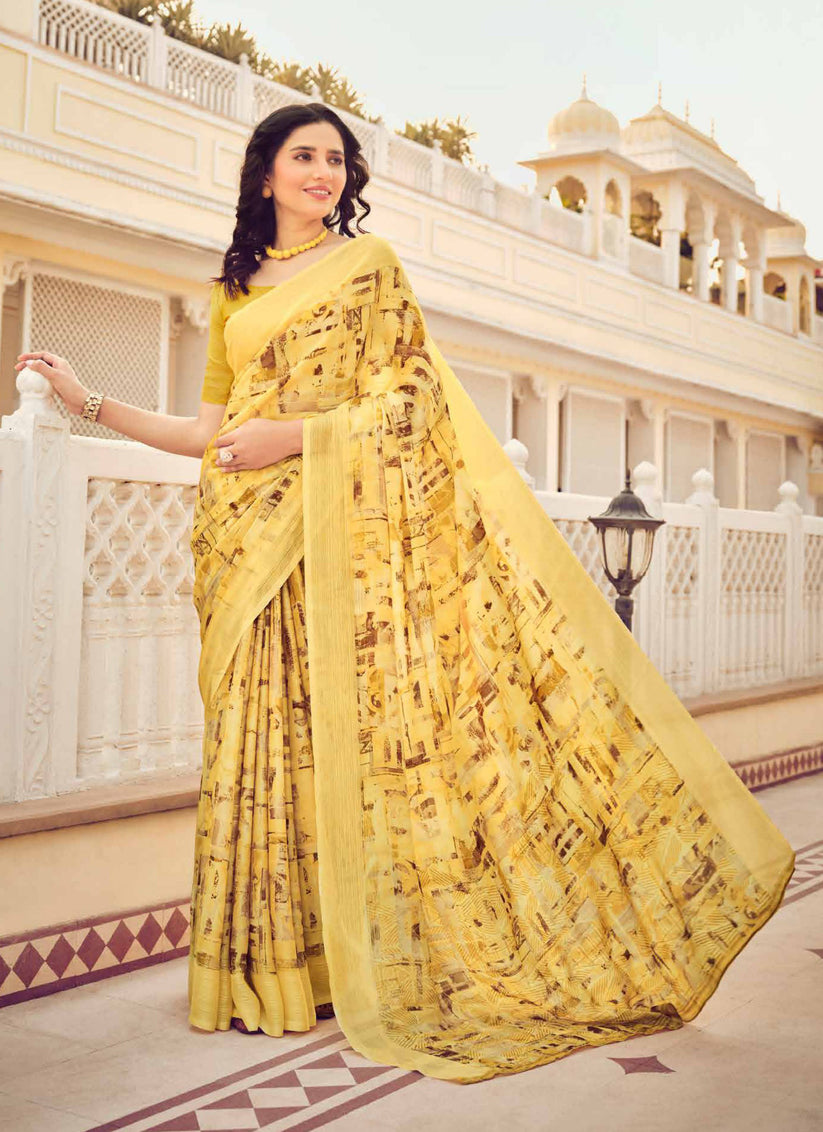 Pastel Yellow Digital Print Chiffon Saree