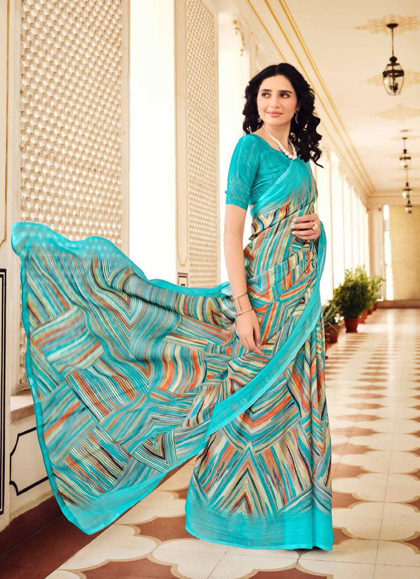 Multicolor Digital Print Chiffon Saree