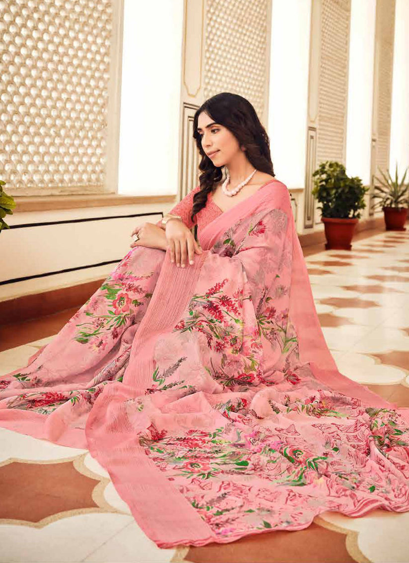 Coral Pink Digital Print Chiffon Saree