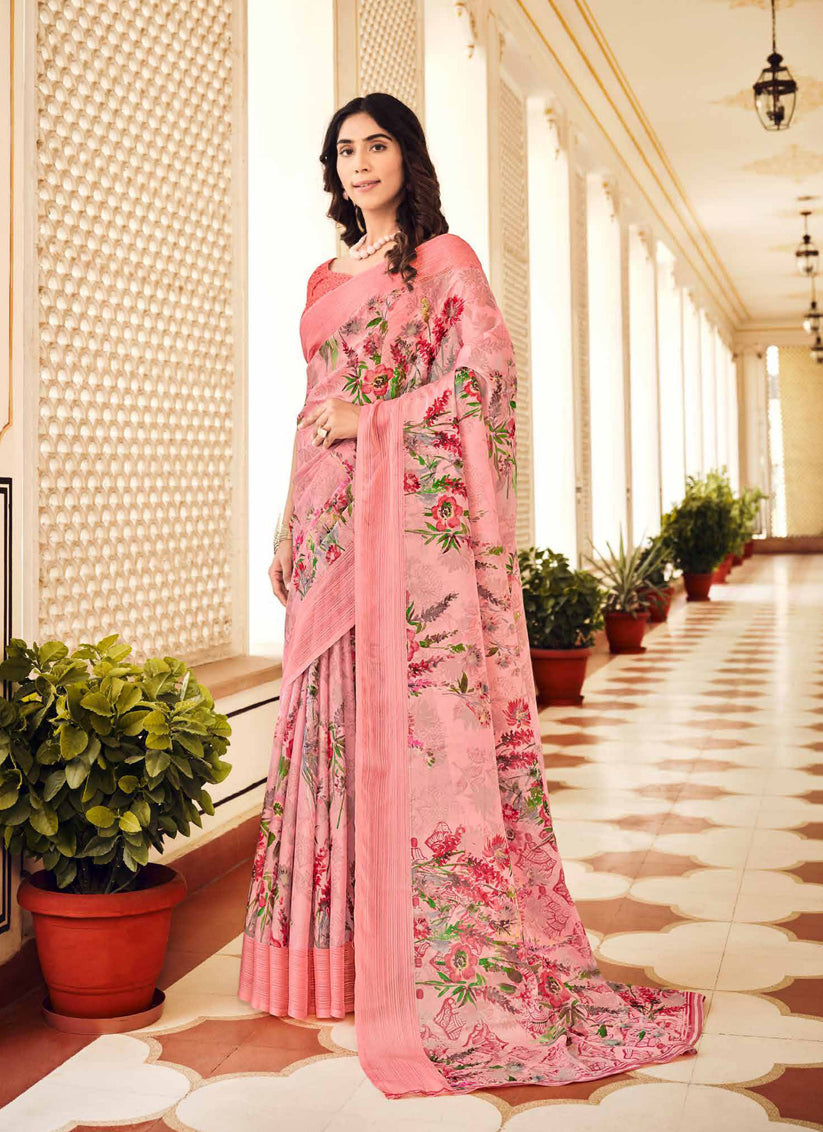 Coral Pink Digital Print Chiffon Saree