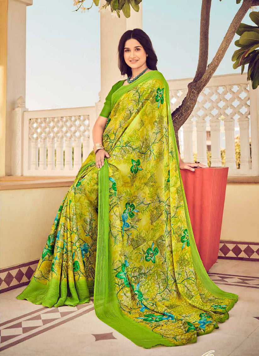 Lime Yellow Digital Print Chiffon Saree