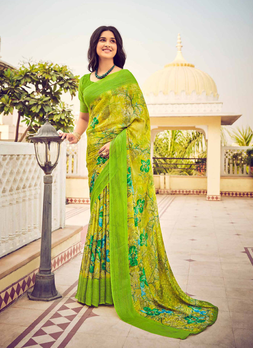 Lime Yellow Digital Print Chiffon Saree