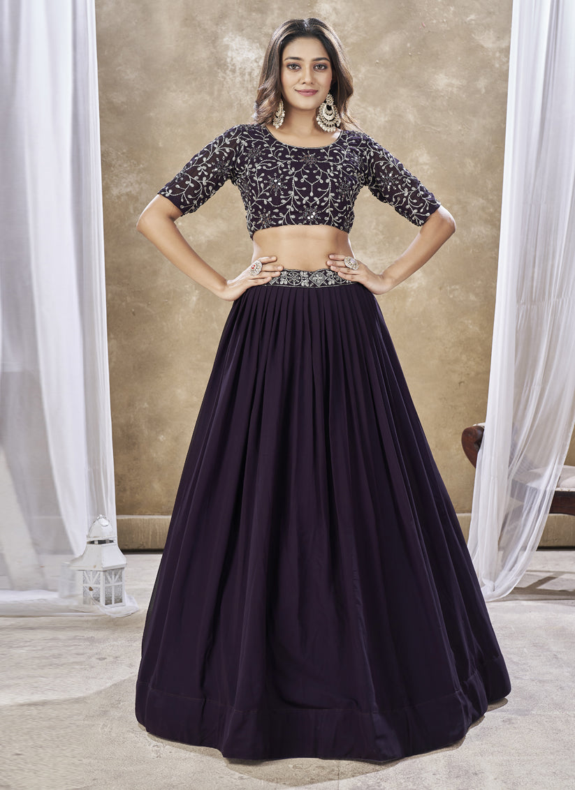 Burgundy Faux Georgette Embroidered Wedding Lehenga Choli