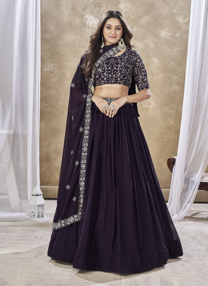 Burgundy Faux Georgette Embroidered Wedding Lehenga Choli