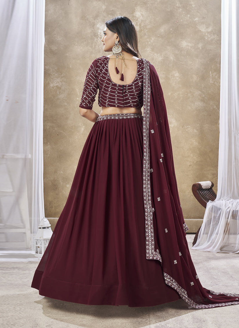 Maroon Faux Georgette Embroidered Wedding Lehenga Choli