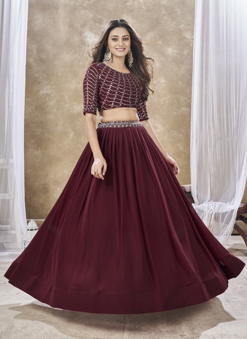 Maroon Faux Georgette Embroidered Wedding Lehenga Choli