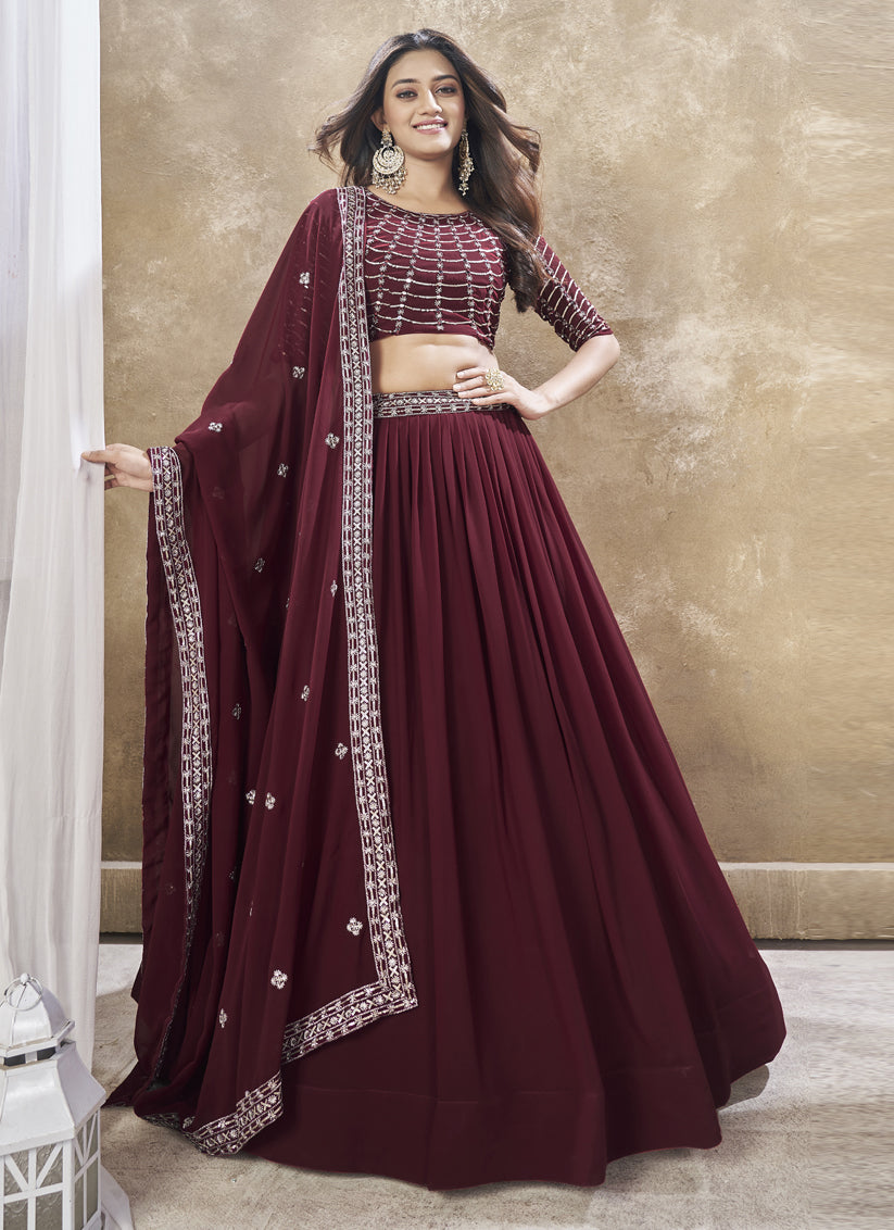 Maroon Faux Georgette Embroidered Wedding Lehenga Choli