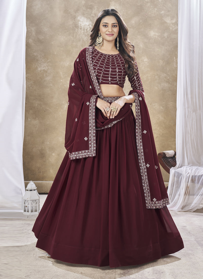 Maroon Faux Georgette Embroidered Wedding Lehenga Choli