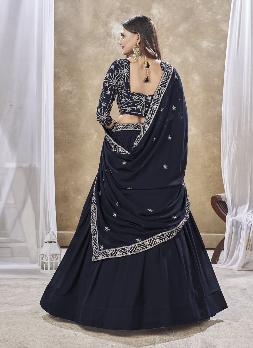 Midnight Blue Faux Georgette Embroidered Wedding Lehenga Choli