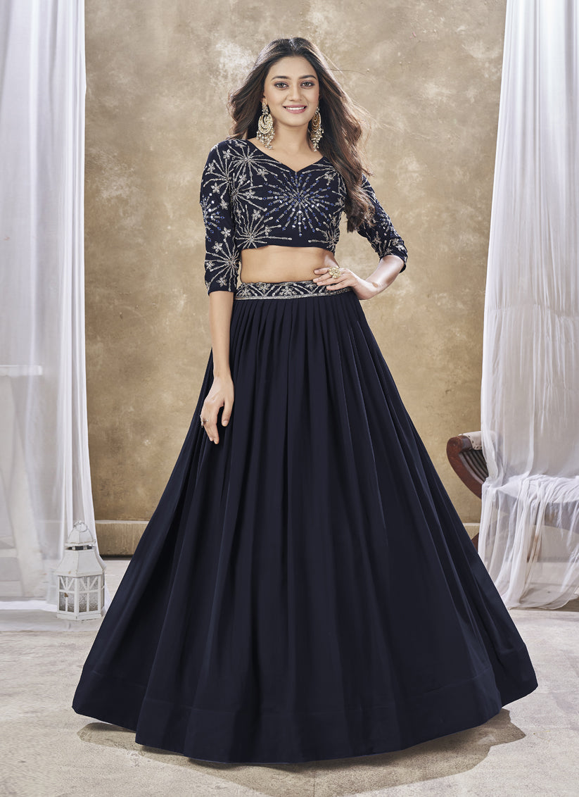 Midnight Blue Faux Georgette Embroidered Wedding Lehenga Choli