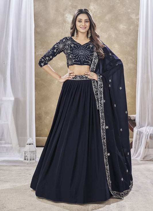 Midnight Blue Faux Georgette Embroidered Wedding Lehenga Choli