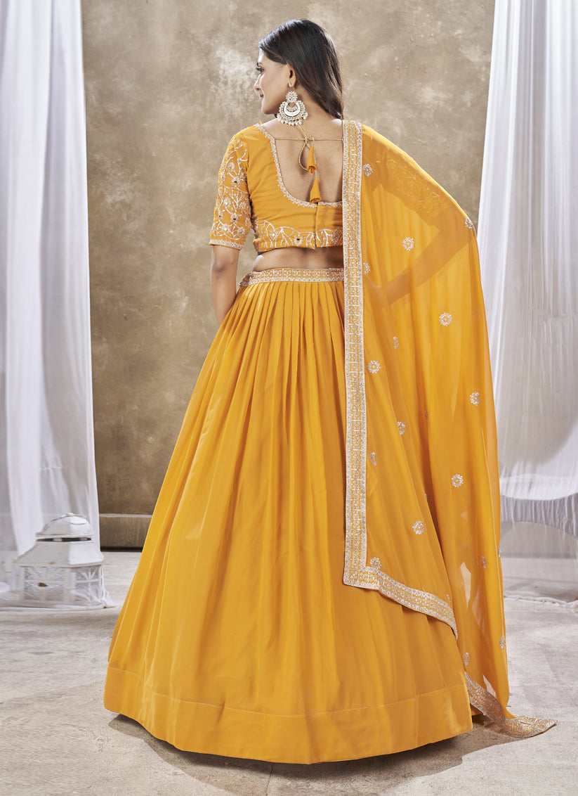 Golden Yellow Faux Georgette Embroidered Wedding Lehenga Choli