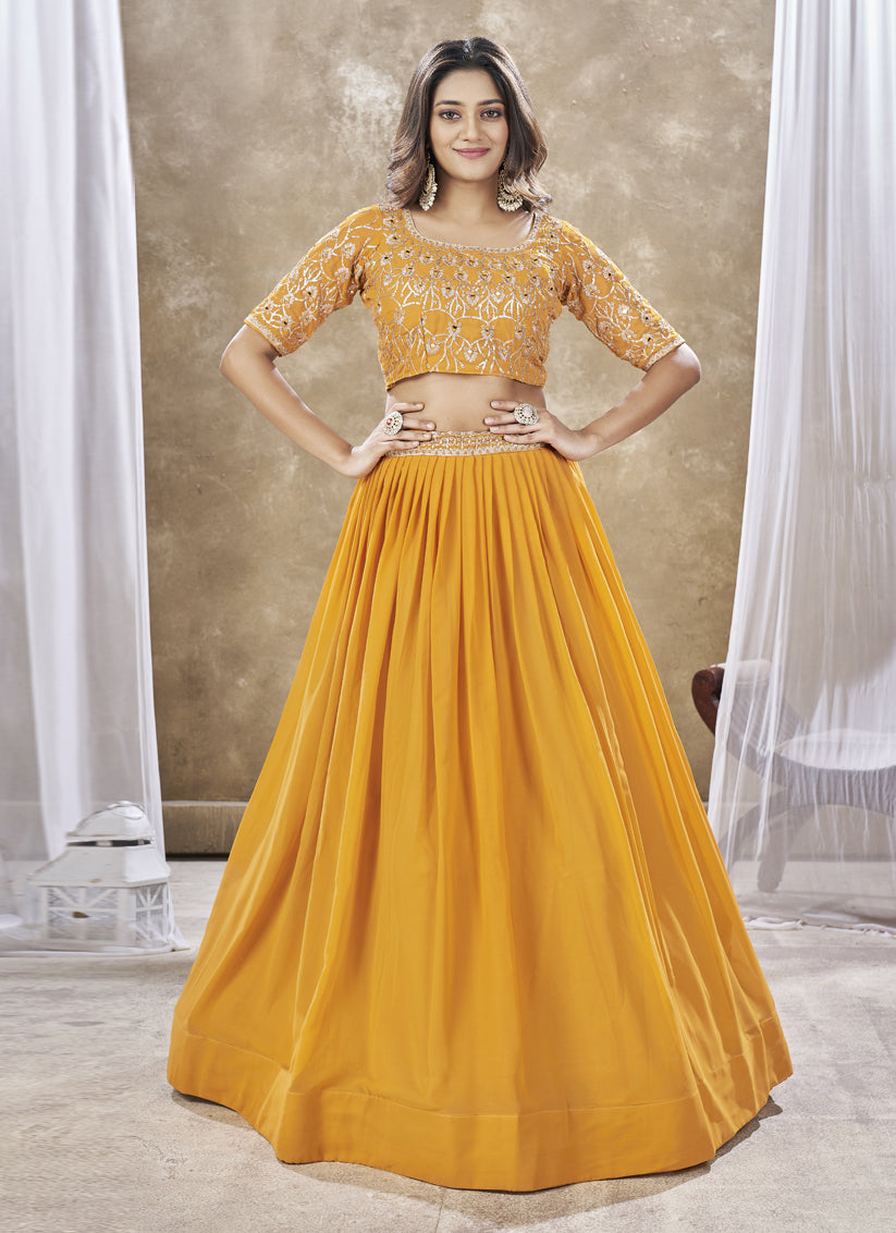 Golden Yellow Faux Georgette Embroidered Wedding Lehenga Choli