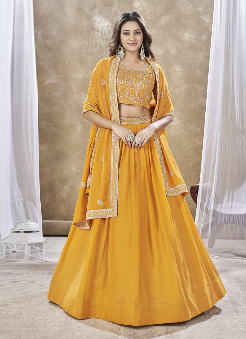 Golden Yellow Faux Georgette Embroidered Wedding Lehenga Choli