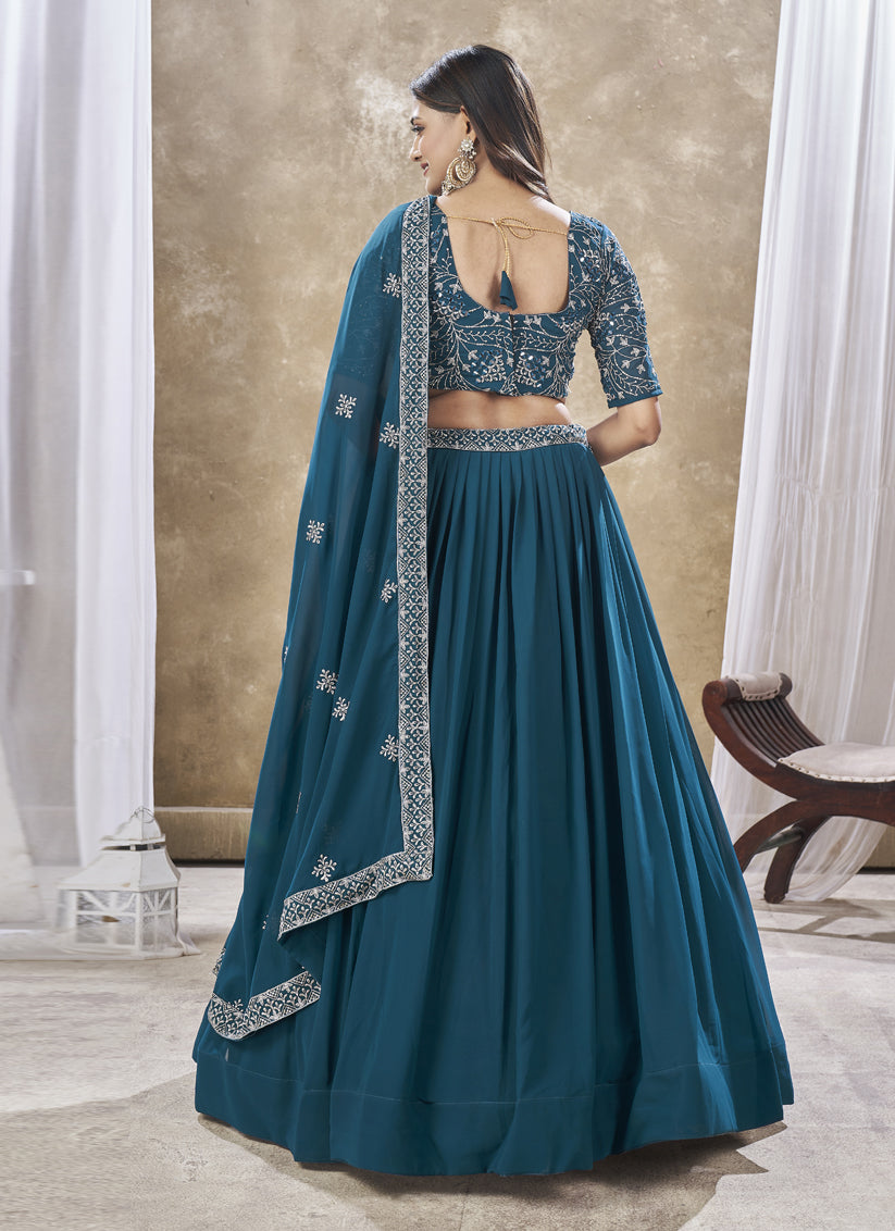 Peacock Blue Faux Georgette Embroidered Wedding Lehenga Choli