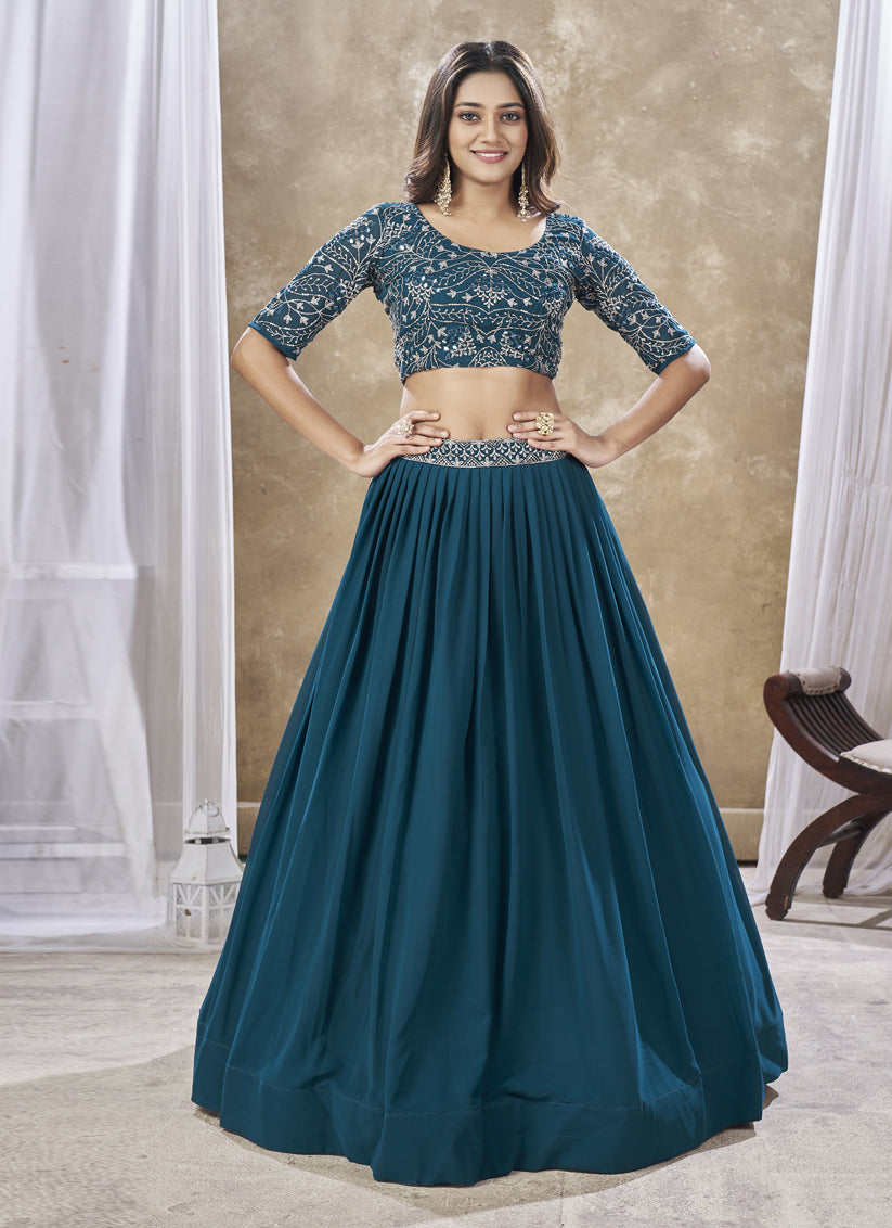 Peacock Blue Faux Georgette Embroidered Wedding Lehenga Choli